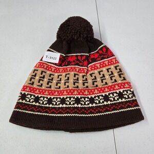 Andre Men‎ Hat One Size Brown Fair Isle Beanie Hand Made Wool Knit Pom Pom